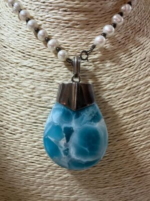 Pearl Necklace with Larimar Pendant