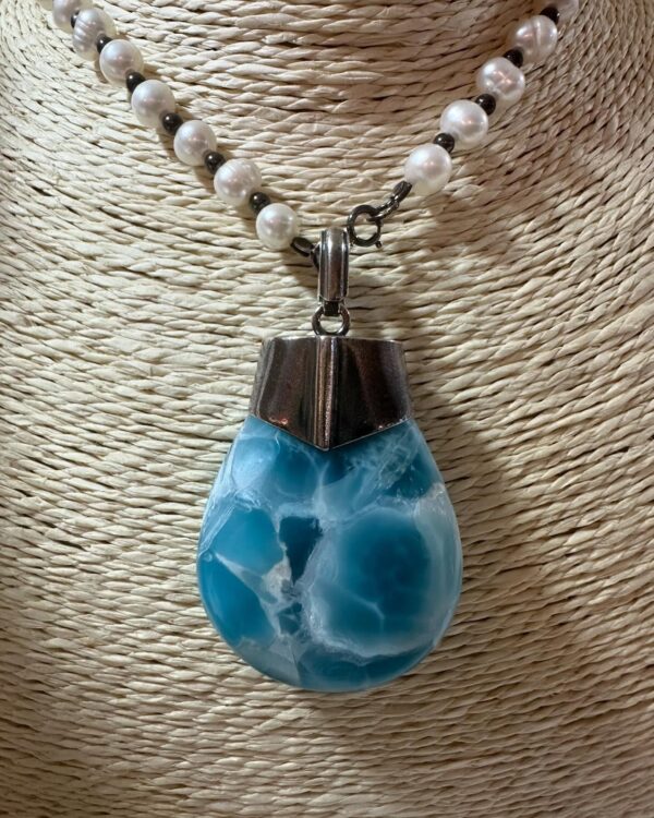Pearl Necklace with Larimar Pendant